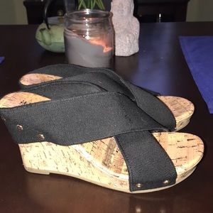 Cork Wedge Sandals with Black stretchy straps